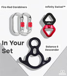 Classic aerial rigging  Includes balance 8 descender, carabiners, and infinity swivel